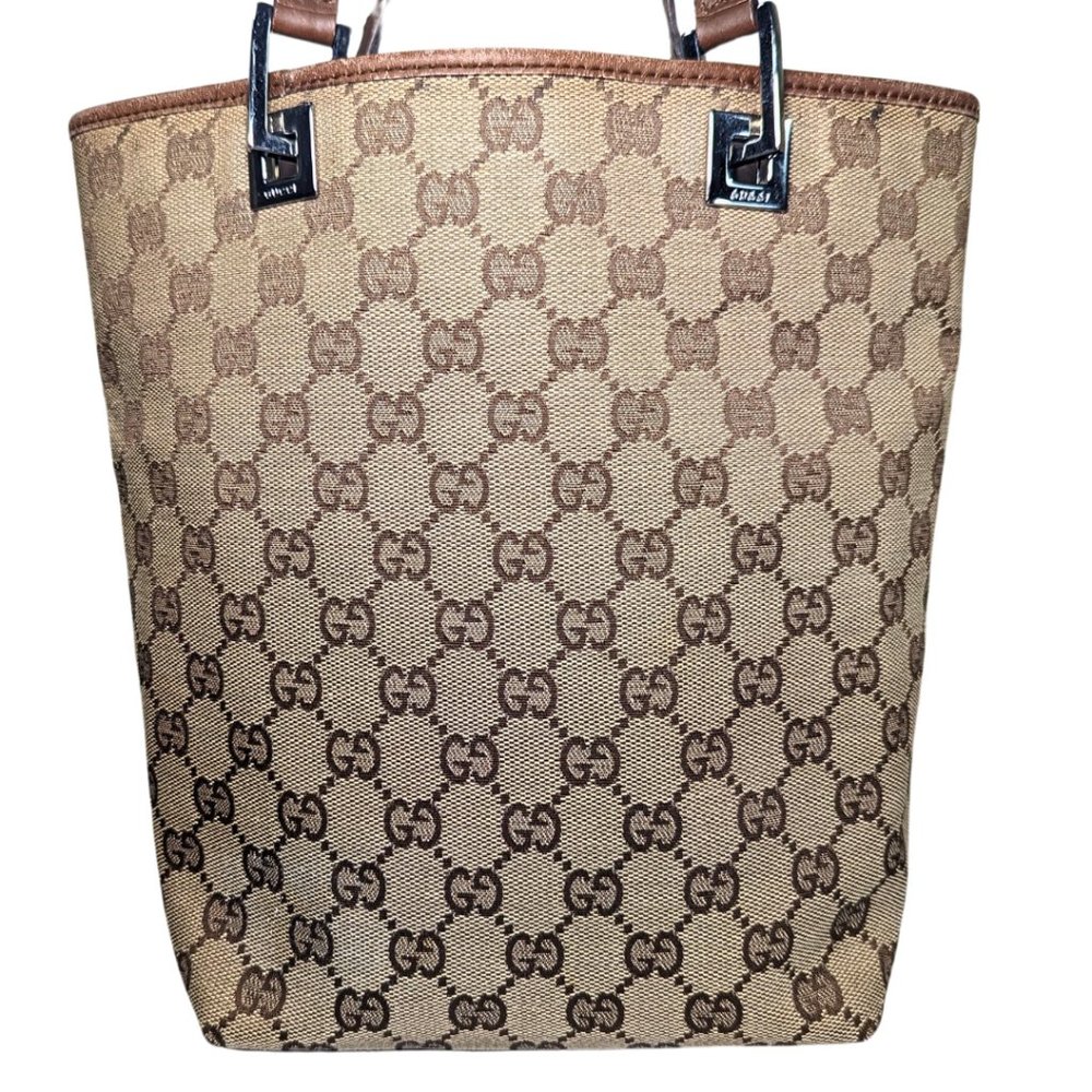 Gucci GG Canvas Brown Leather Bucket Tote Shoulder Bag 31244 002058 - Picture 2 of 14